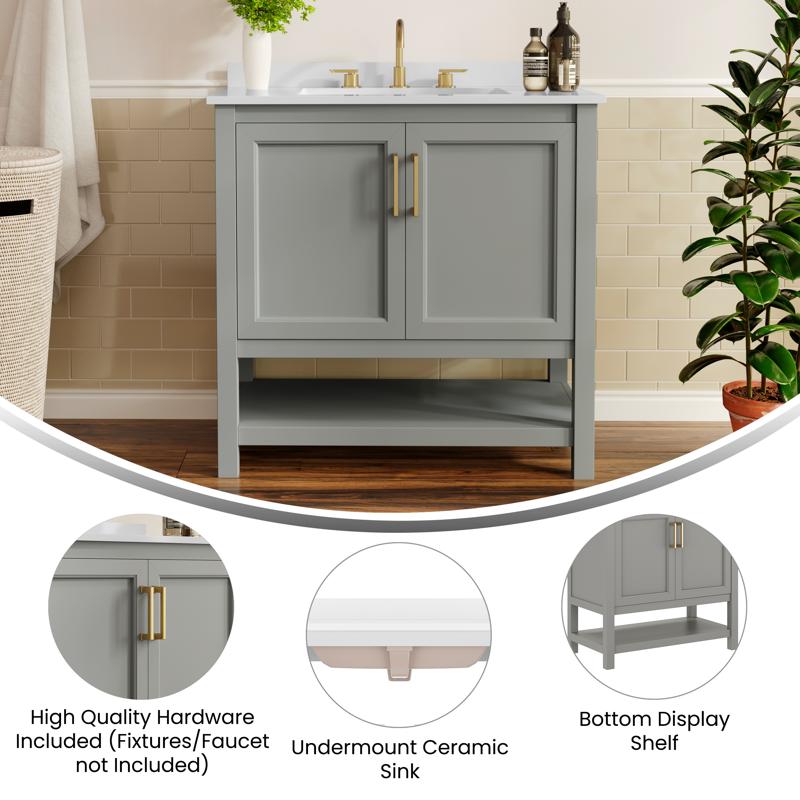 Flash Furniture Vega 36" Bathroom Vanity With Sink Storage Cabinet With Gold Hardware Soft Close Doors & Open Shelf Carrara Marble Finish Countertop Gray/White