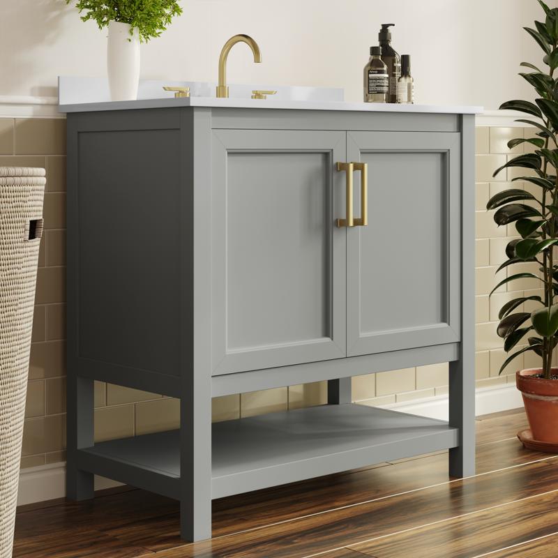 flash furniture Vega 36" Bathroom Vanity with Sink Storage Cabinet with Gold Hardware Soft Close Doors & Open Shelf Carrara Marble Finish Countertop Gray/White
