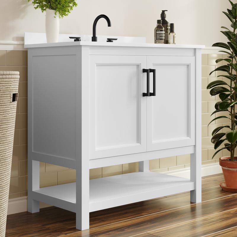 flash furniture Vega 36" Bathroom Vanity with Sink Storage Cabinet with Black Hardware Soft Close Doors & Open Shelf Carrara Marble Finish Countertop White/White