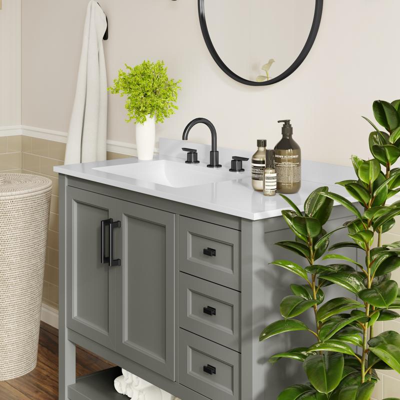 Flash Furniture Vega 42" Bathroom Vanity With Sink Cabinet With Black Hardware Soft Close Doors Open Shelf & 3 Drawers Carrara Marble Finish Counter Gray/White