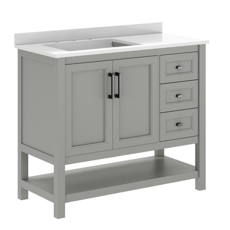 Flash Furniture Vega 42" Bathroom Vanity With Sink Cabinet With Black Hardware Soft Close Doors Open Shelf & 3 Drawers Carrara Marble Finish Counter Gray/White