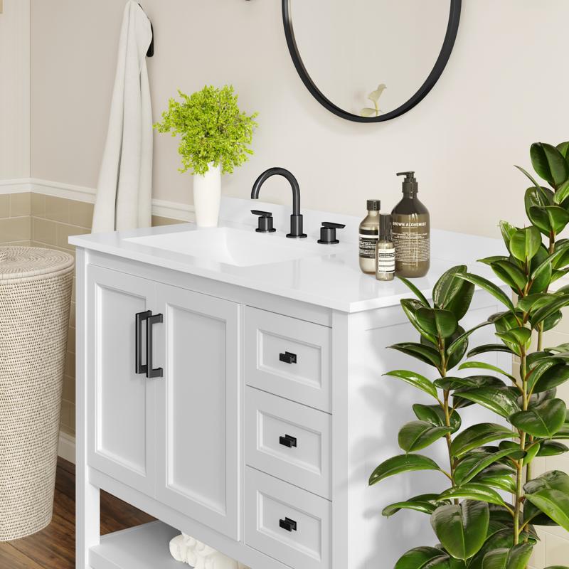 Flash Furniture Vega 42" Bathroom Vanity With Sink Cabinet With Black Hardware Soft Close Doors Open Shelf & 3 Drawers Carrara Marble Finish Counter White/White