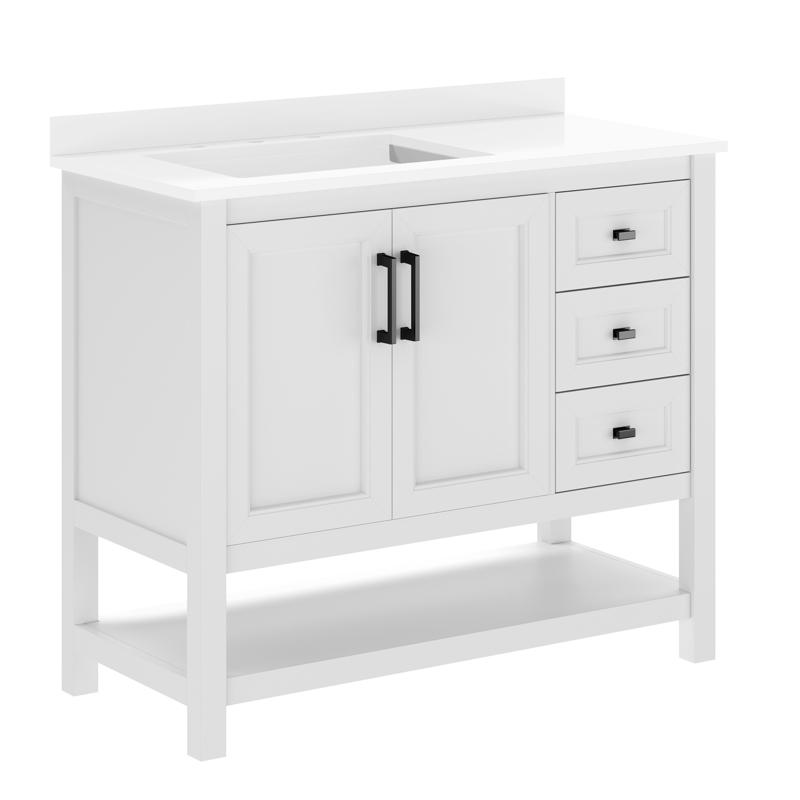 Flash Furniture Vega 42" Bathroom Vanity With Sink Cabinet With Black Hardware Soft Close Doors Open Shelf & 3 Drawers Carrara Marble Finish Counter White/White