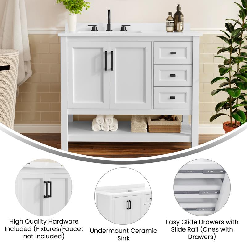 Flash Furniture Vega 42" Bathroom Vanity With Sink Cabinet With Black Hardware Soft Close Doors Open Shelf & 3 Drawers Carrara Marble Finish Counter White/White