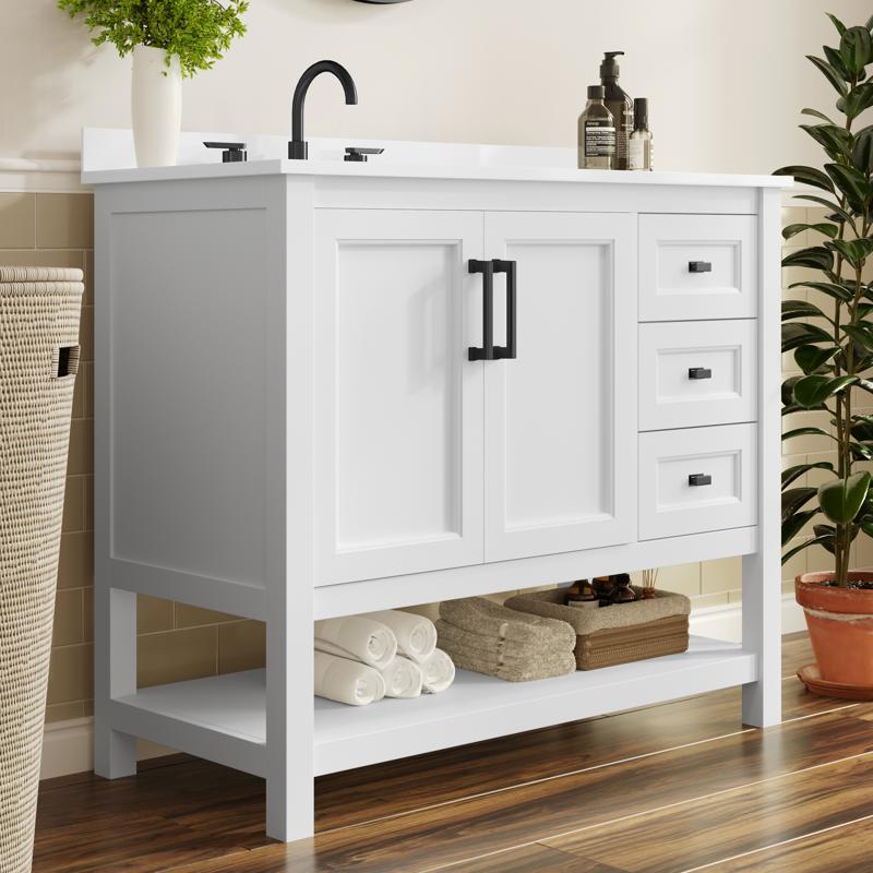 flash furniture Vega 42" Bathroom Vanity with Sink Cabinet with Black Hardware Soft Close Doors Open Shelf & 3 Drawers Carrara Marble Finish Counter White/White