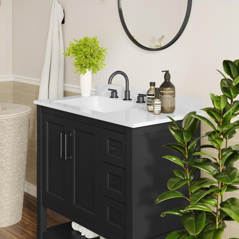 Flash Furniture Vega 42" Bathroom Vanity With Sink Cabinet With Black Hardware Soft Close Doors Open Shelf & 3 Drawers Carrara Marble Finish Counter Black/White