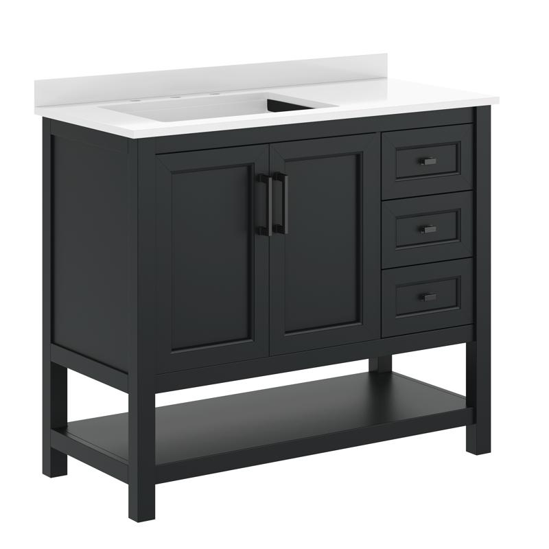 Flash Furniture Vega 42" Bathroom Vanity With Sink Cabinet With Black Hardware Soft Close Doors Open Shelf & 3 Drawers Carrara Marble Finish Counter Black/White