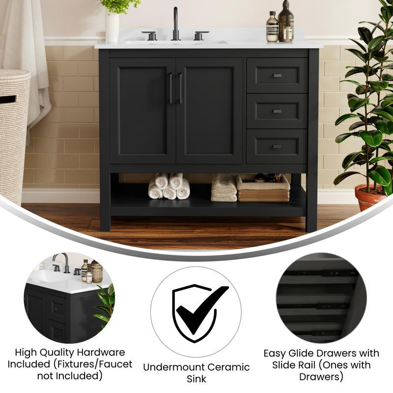 Flash Furniture Vega 42" Bathroom Vanity With Sink Cabinet With Black Hardware Soft Close Doors Open Shelf & 3 Drawers Carrara Marble Finish Counter Black/White