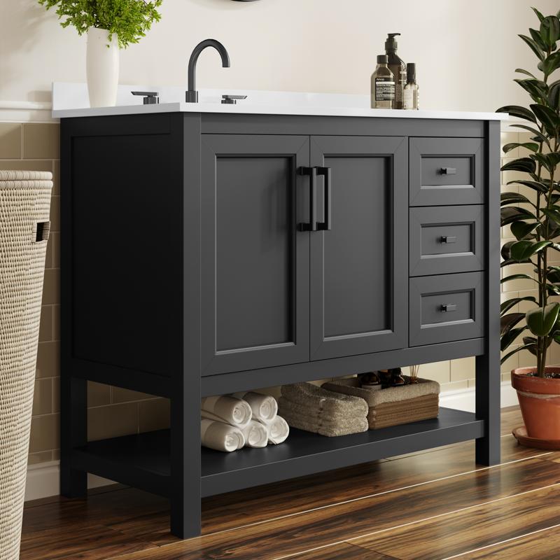 flash furniture Vega 42" Bathroom Vanity with Sink Cabinet with Black Hardware Soft Close Doors Open Shelf & 3 Drawers Carrara Marble Finish Counter Black/White