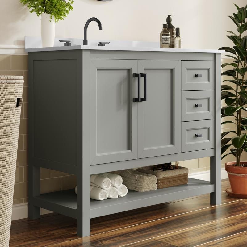 flash furniture Vega 42" Bathroom Vanity with Sink Cabinet with Black Hardware Soft Close Doors Open Shelf & 3 Drawers Carrara Marble Finish Counter Gray/White