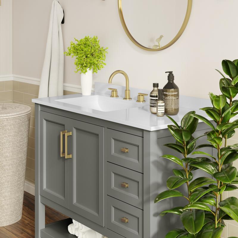 Flash Furniture Vega 42" Bathroom Vanity With Sink Cabinet With Gold Hardware Soft Close Doors Open Shelf & 3 Drawers Carrara Marble Finish Counter Gray/White