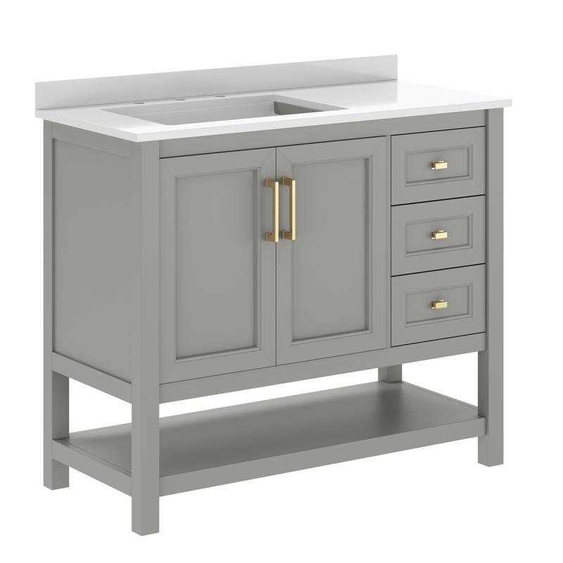 Flash Furniture Vega 42" Bathroom Vanity With Sink Cabinet With Gold Hardware Soft Close Doors Open Shelf & 3 Drawers Carrara Marble Finish Counter Gray/White