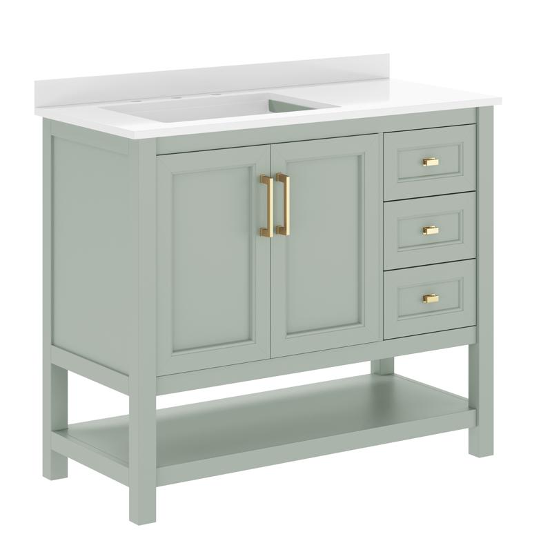 Flash Furniture Vega 42" Bathroom Vanity With Sink Cabinet With Gold Hardware Soft Close Doors Open Shelf & 3 Drawers Carrara Marble Finish Counter Sage/White