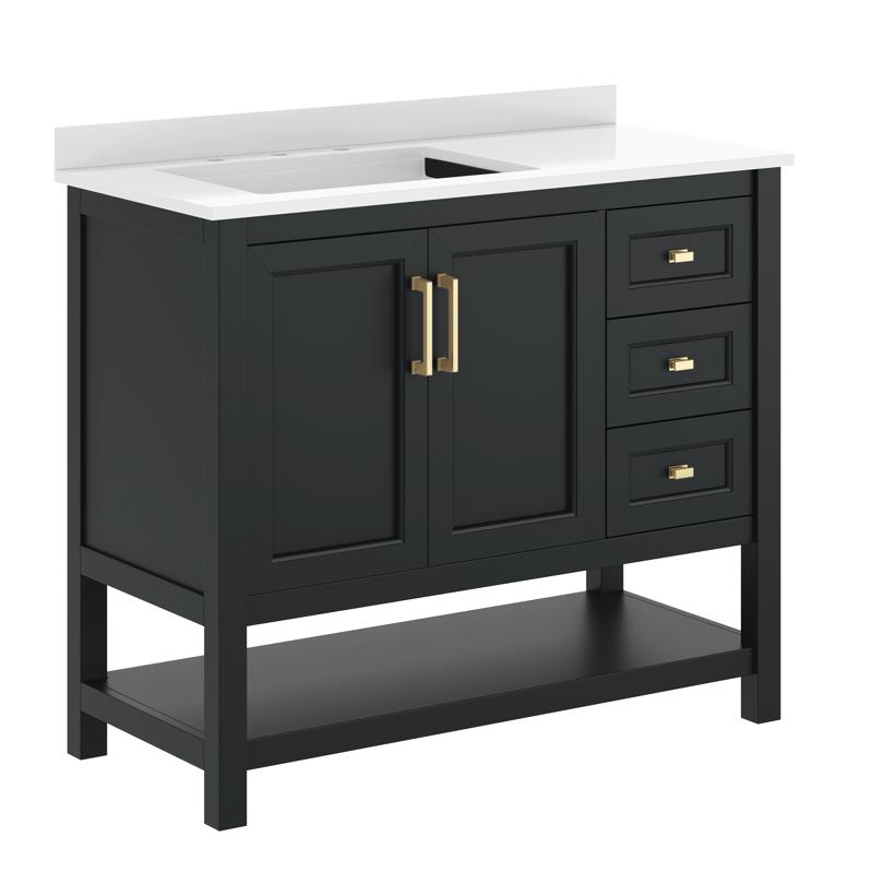 Flash Furniture Vega 42" Bathroom Vanity With Sink Cabinet With Gold Hardware Soft Close Doors Open Shelf & 3 Drawers Carrara Marble Finish Counter Black/White