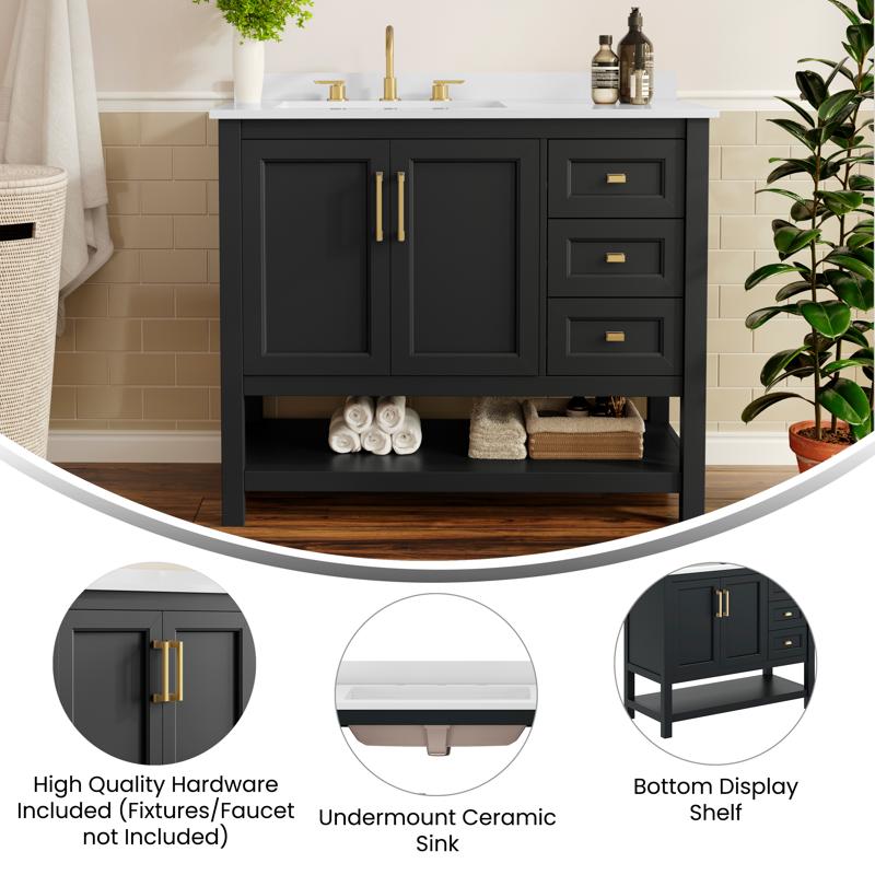 Flash Furniture Vega 42" Bathroom Vanity With Sink Cabinet With Gold Hardware Soft Close Doors Open Shelf & 3 Drawers Carrara Marble Finish Counter Black/White