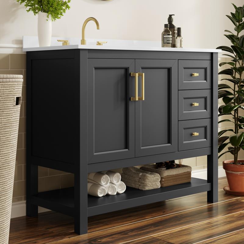 flash furniture Vega 42" Bathroom Vanity with Sink Cabinet with Gold Hardware Soft Close Doors Open Shelf & 3 Drawers Carrara Marble Finish Counter Black/White