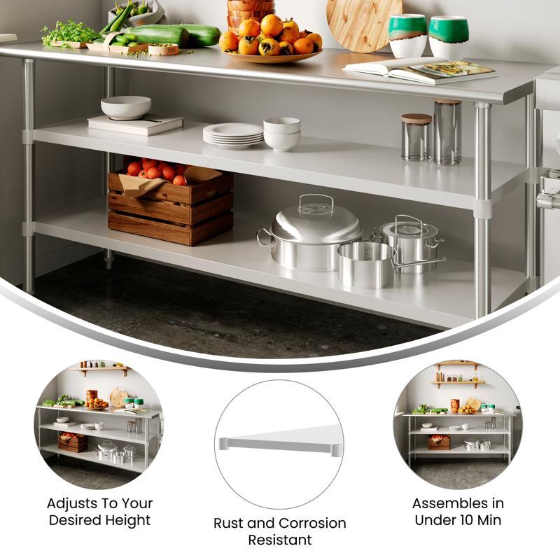 Flash Furniture Woodford Galvanized Under Shelf For Prep And Work Tables - Adjustable Lower Shelf For 24" X 72" Stainless Steel Tables