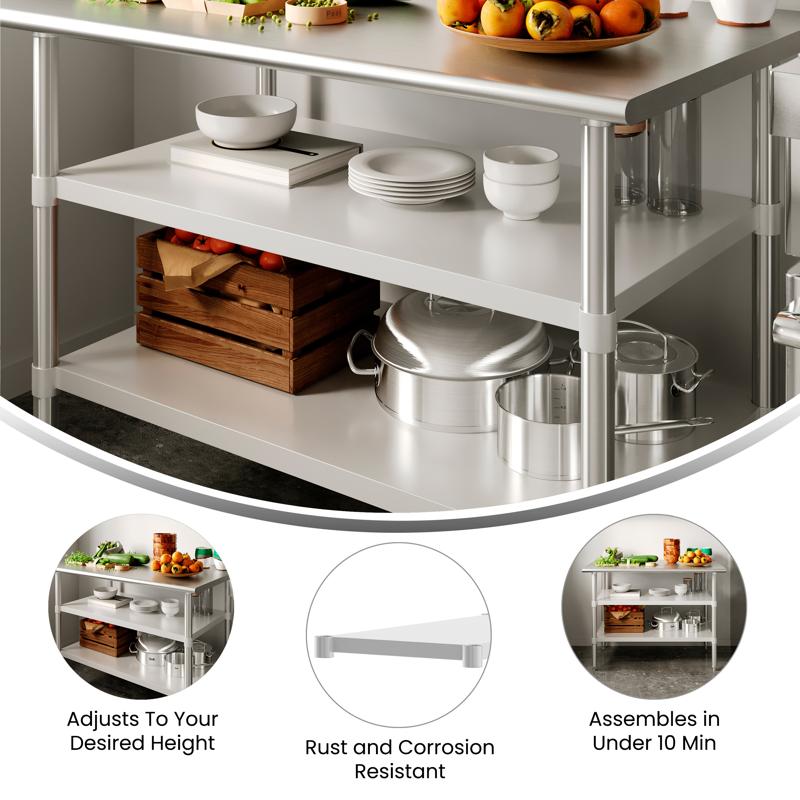 Flash Furniture Woodford Galvanized Under Shelf For Prep And Work Tables - Adjustable Lower Shelf For 30" X 48" Stainless Steel Tables