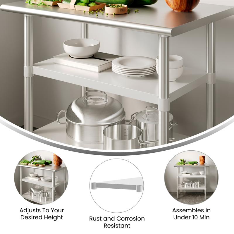 Flash Furniture Woodford Galvanized Under Shelf For Prep And Work Tables - Adjustable Lower Shelf For 24" X 36" Stainless Steel Tables