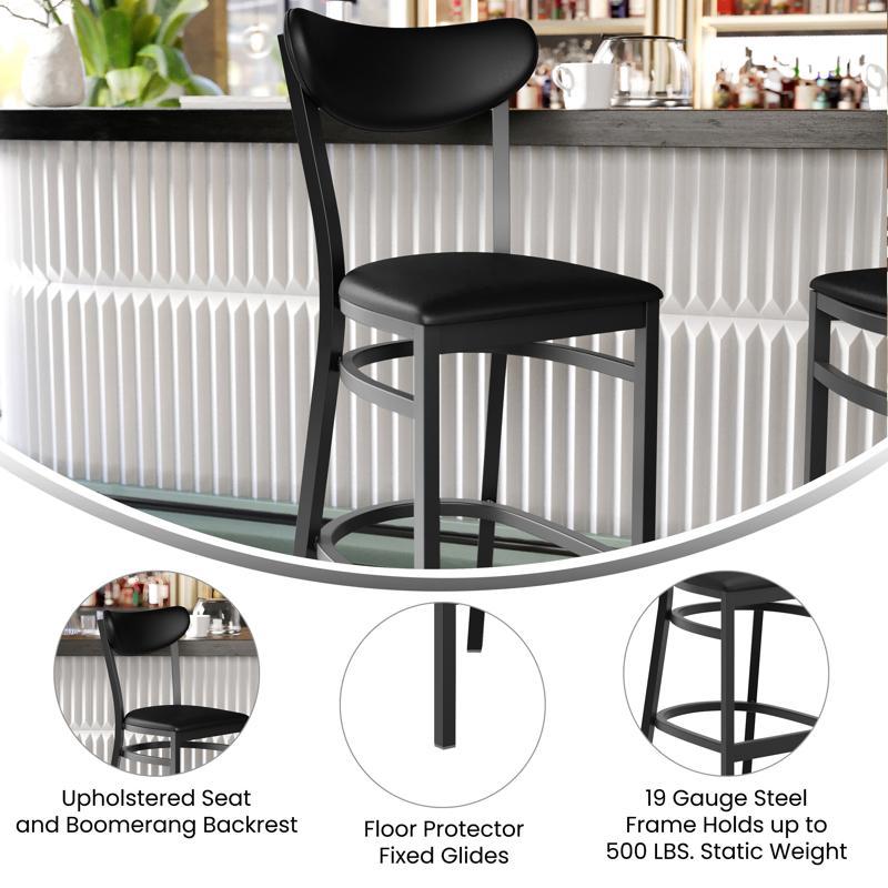 Flash Furniture Wright Commercial Barstool With 500 LB. Capacity Black Steel Frame Black Vinyl Boomerang Back And Black Vinyl Seat