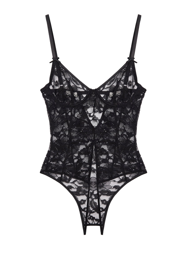 fleur du mal Magnolia Lace Ouvert Bodysuit black
