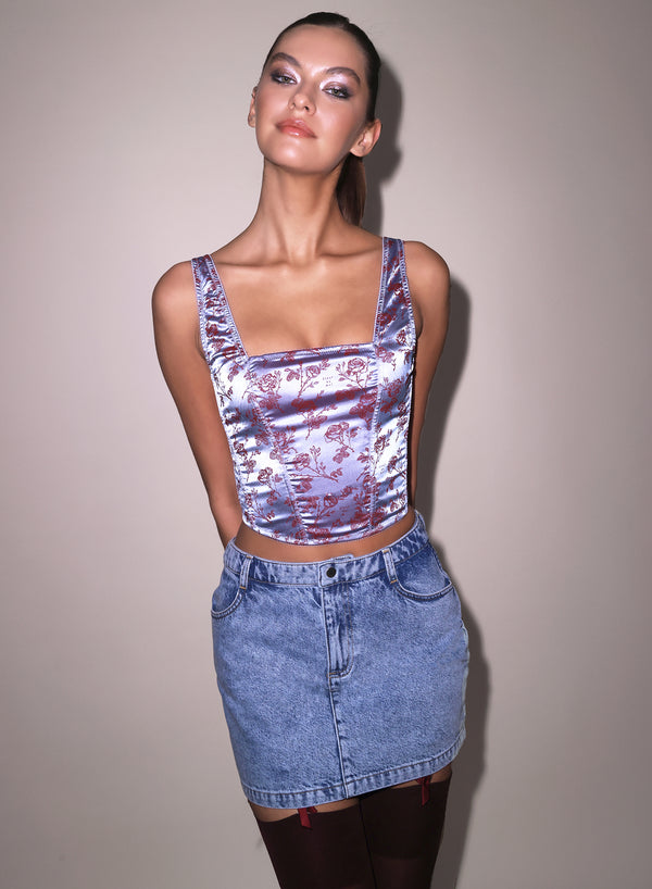 fleur du mal Rose Jacquard Corset Top blue mist