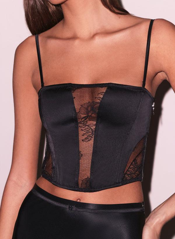 fleur du mal Silk & Bouquet Lace Corset Top black