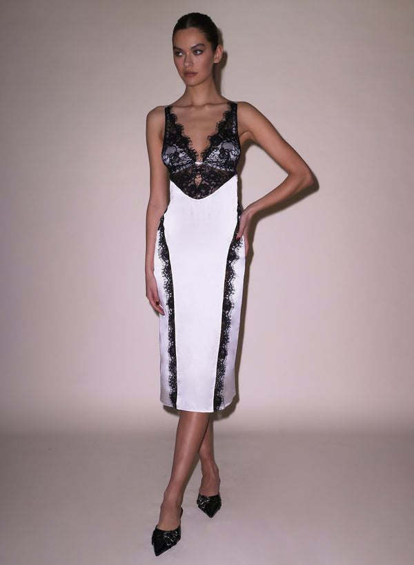 fleur du mal Silk & Lace V Neck Dress ivory