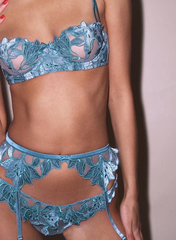 fleur du mal Lily Embroidery Balconette Bra velvet icy teal