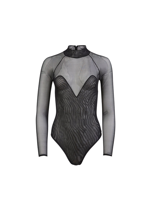 fleur du mal Mesh Long Sleeve Bodysuit recycled mesh bodysuit black