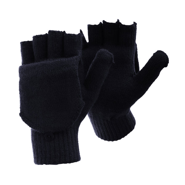 Floso FLOSO Mens Plain Thermal Winter Capped Fingerless Gloves