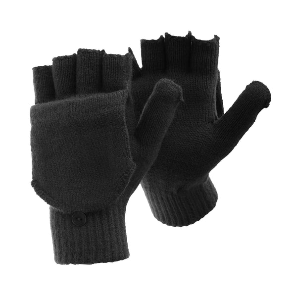 Floso FLOSO Mens Plain Thermal Winter Capped Fingerless Gloves