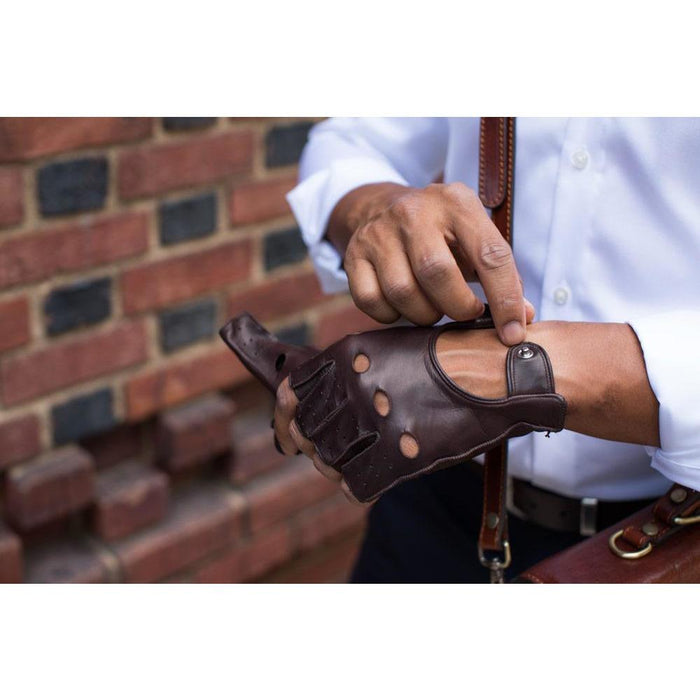 Floto Men's Brown Leather Napoli Fingerless Driving Gloves