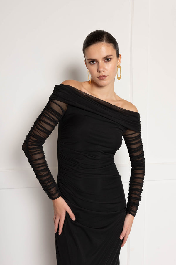 Flounce London Bardot Ruched Maxi Dress In Mesh And Jersey Mix In Black