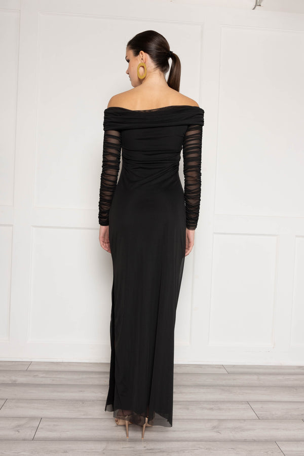 Flounce London Bardot Ruched Maxi Dress In Mesh And Jersey Mix In Black