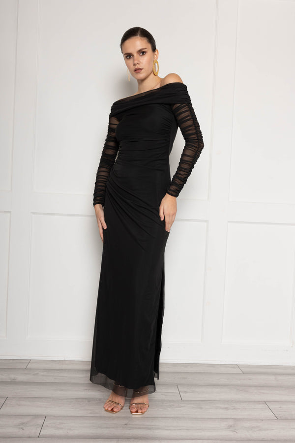 flounce london Bardot ruched maxi dress in mesh and jersey mix in black