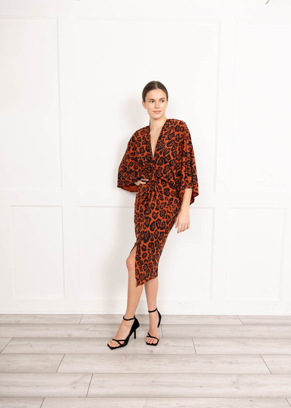 flounce london Brown slinky jersey leopard print midi