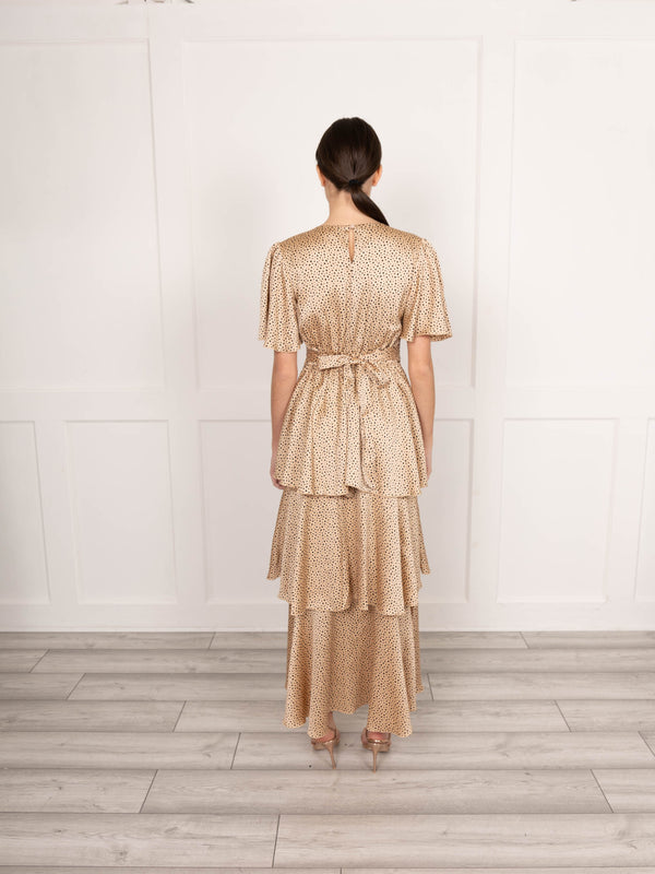 Flounce London Camel Black Spot Satin Tiered Maxi Dress