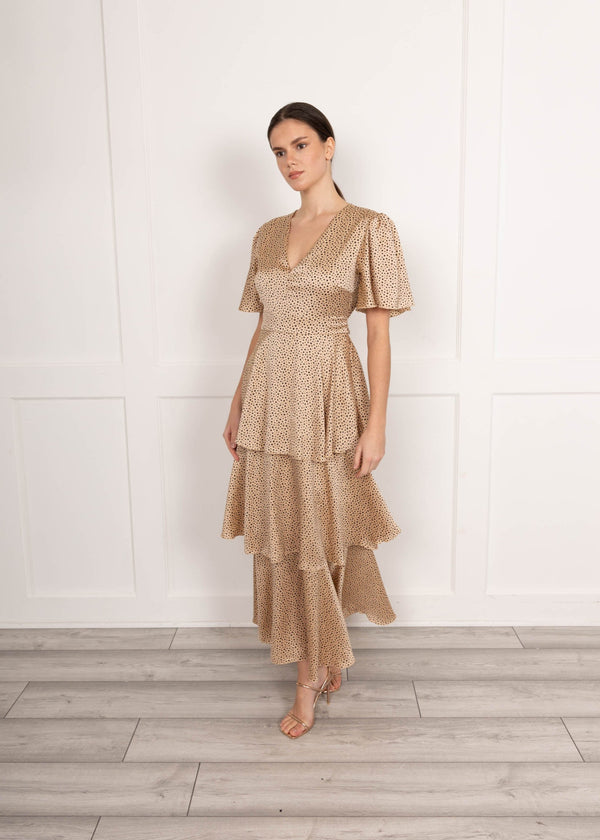 flounce london Camel Black Spot Satin Tiered Maxi Dress