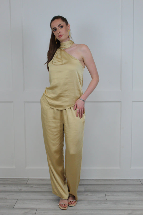 Flounce London Flounce London Gold Satin Pleat Tie Neck Top