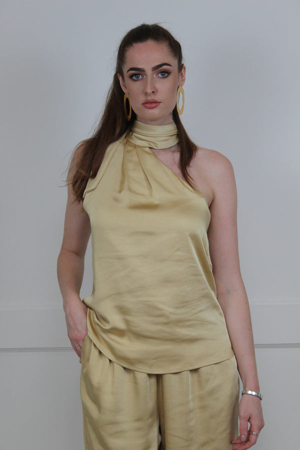 flounce london Flounce London Gold Satin Pleat Tie Neck Top