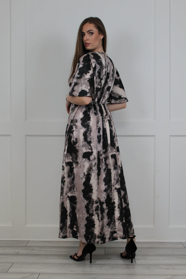 Flounce London Flounce London Grey Smudge Print Woven Satin Maxi