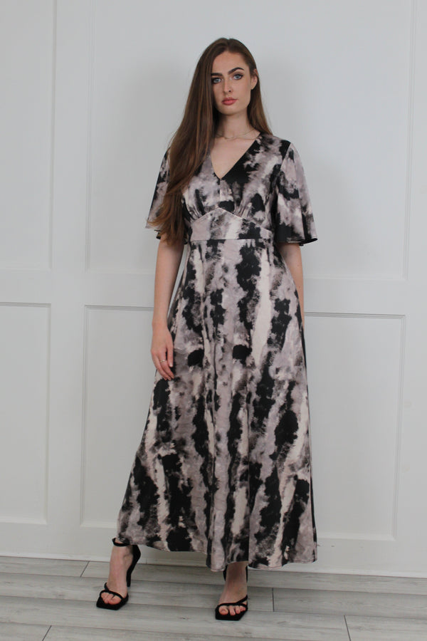 flounce london Flounce London Grey Smudge Print Woven Satin Maxi