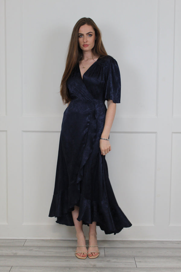 flounce london Flounce London Navy Floral Jacquard Wrap Dress