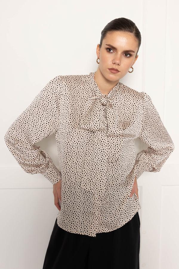 Flounce London Flounce London Off White Black Spot Satin Tie Neck Blouse