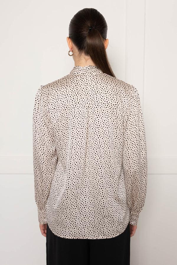 Flounce London Flounce London Off White Black Spot Satin Tie Neck Blouse