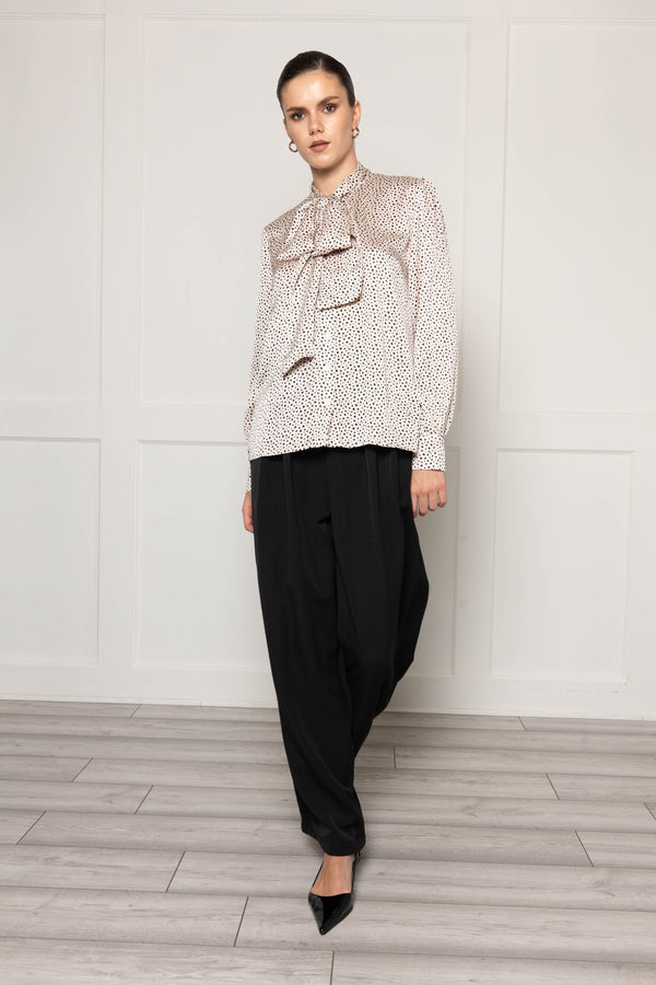 Flounce London Flounce London Off White Black Spot Satin Tie Neck Blouse