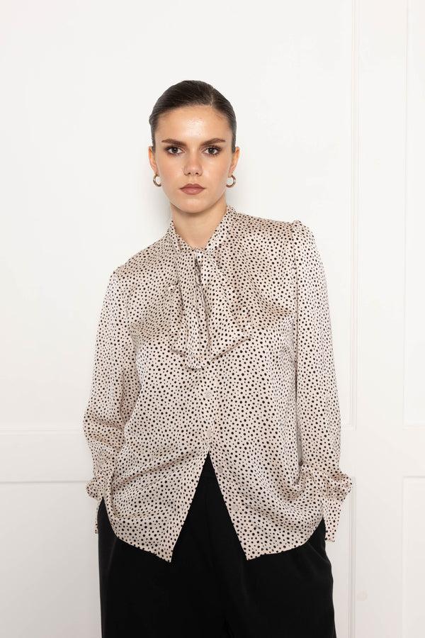 flounce london Flounce London Off White Black Spot Satin Tie Neck Blouse