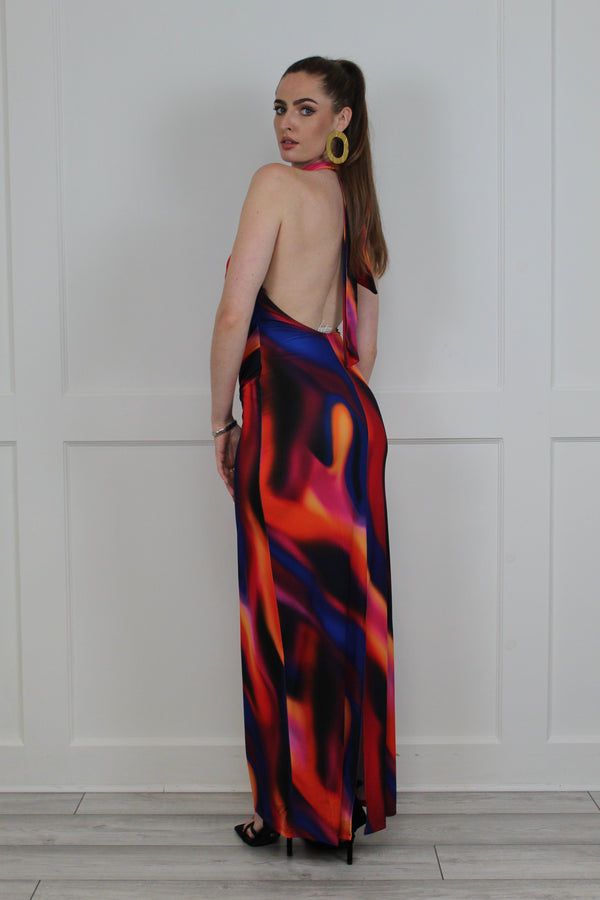 Flounce London Halter Neck Maxi Dress In Blur Print