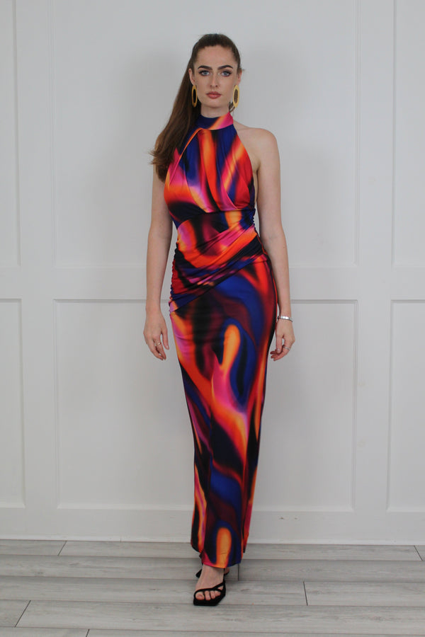 Flounce London Halter Neck Maxi Dress In Blur Print
